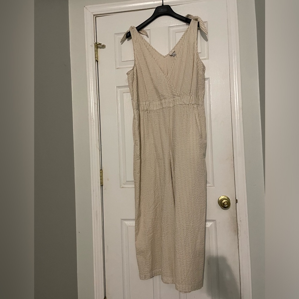 Seersucker tan and white jumpsuit